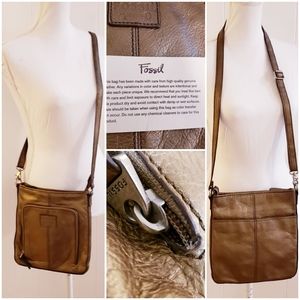 Fossil Bronze Gold Leather Crossbody Shoulder Handbag w/Multiple Pockets SKU021